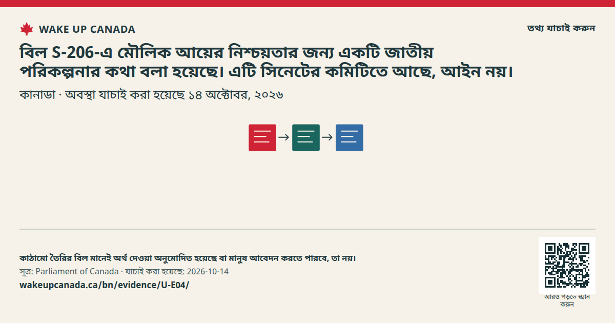 বিল S-206-এ মৌলিক আয়ের নিশ্চয়তার জন্য একটি জাতীয় পরিকল্পনার কথা বলা হয়েছে। এটি সিনেটের কমিটিতে আছে, আইন নয়।