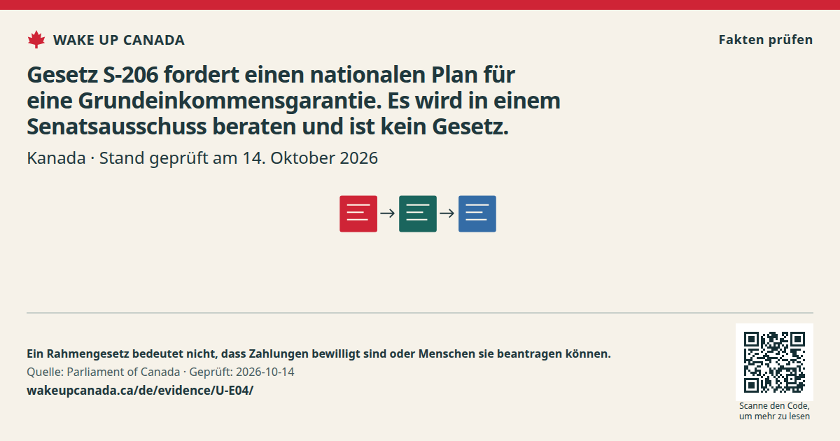 Gesetz S-206 fordert einen nationalen Plan für eine Grundeinkommensgarantie. Es wird in einem Senatsausschuss beraten und ist kein Gesetz.