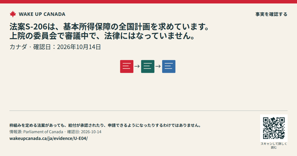 法案S-206は、基本所得保障の全国計画を求めています。上院の委員会で審議中で、法律にはなっていません。