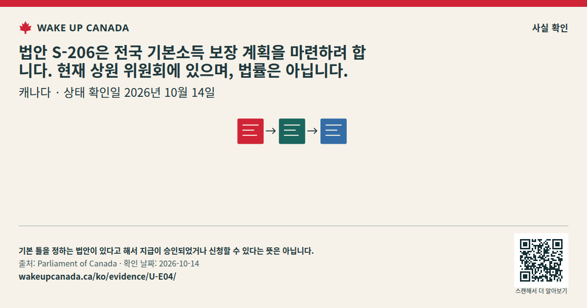 법안 S-206은 전국 기본소득 보장 계획을 마련하려 합니다. 현재 상원 위원회에 있으며, 법률은 아닙니다.