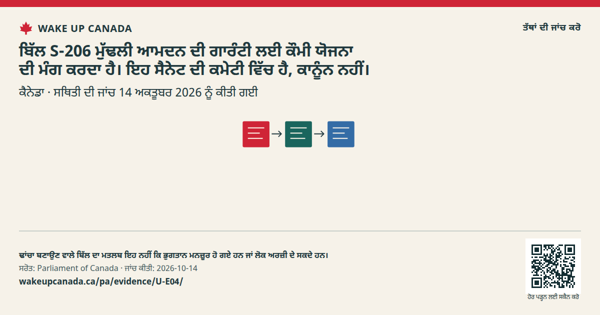 ਬਿੱਲ S-206 ਮੁੱਢਲੀ ਆਮਦਨ ਦੀ ਗਾਰੰਟੀ ਲਈ ਕੌਮੀ ਯੋਜਨਾ ਦੀ ਮੰਗ ਕਰਦਾ ਹੈ। ਇਹ ਸੈਨੇਟ ਦੀ ਕਮੇਟੀ ਵਿੱਚ ਹੈ, ਕਾਨੂੰਨ ਨਹੀਂ।