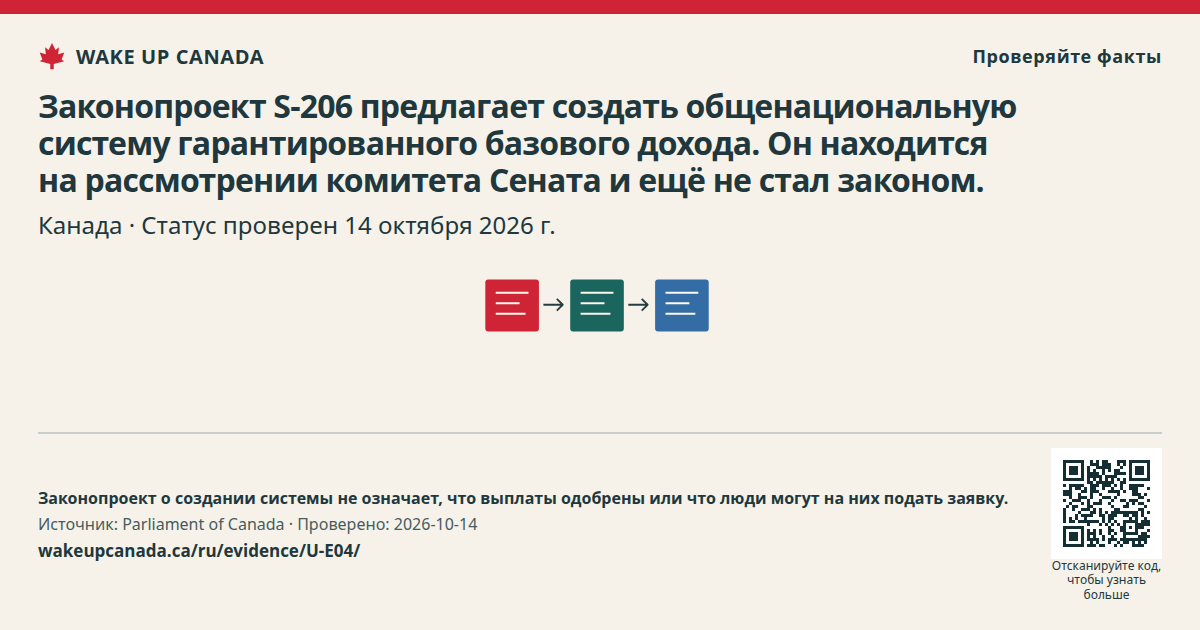 Законопроект S-206 предлагает создать общенациональную систему гарантированного базового дохода. Он находится на рассмотрении комитета Сената и ещё не стал законом.