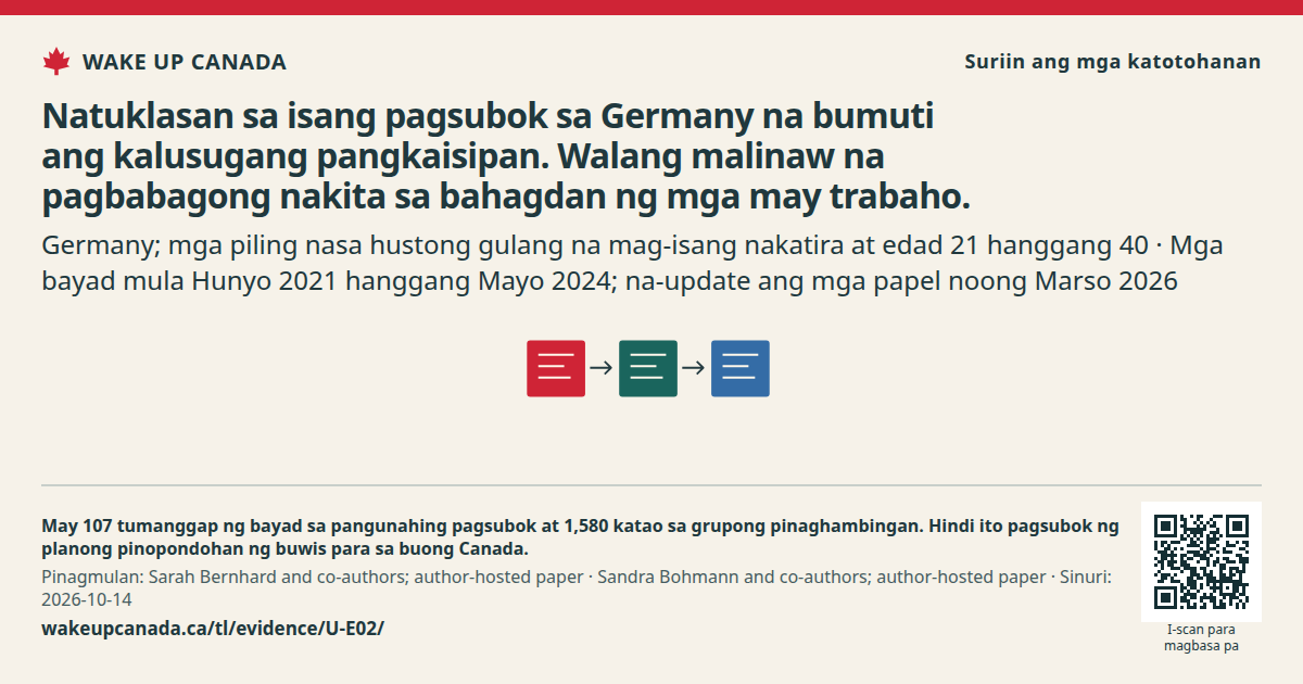 Natuklasan sa isang pagsubok sa Germany na bumuti ang kalusugang pangkaisipan. Walang malinaw na pagbabagong nakita sa bahagdan ng mga may trabaho.