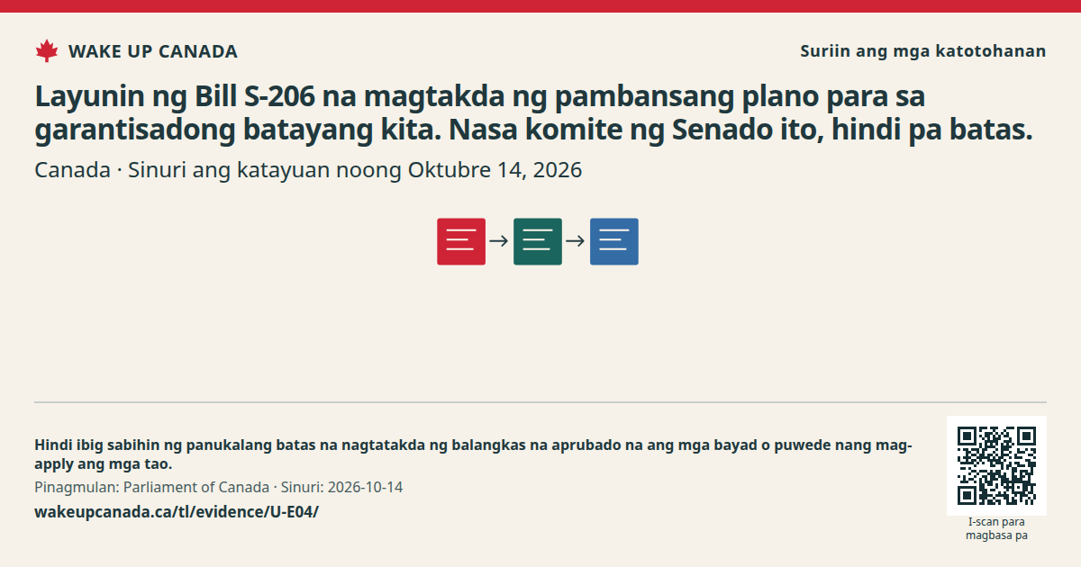 Layunin ng Bill S-206 na magtakda ng pambansang plano para sa garantisadong batayang kita. Nasa komite ng Senado ito, hindi pa batas.