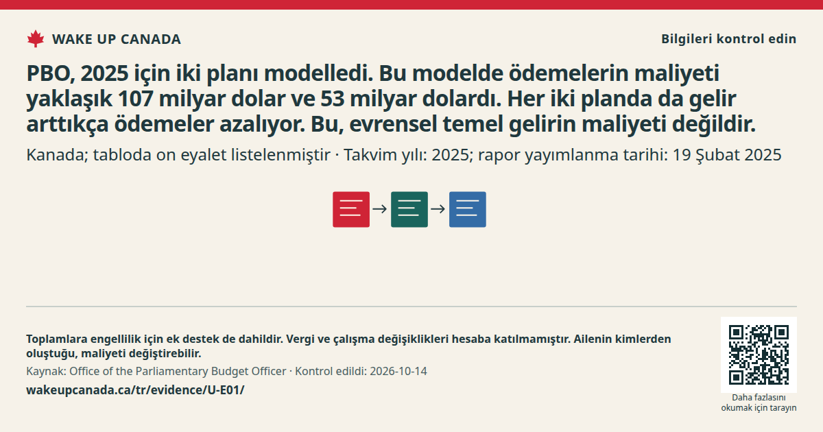 PBO, 2025 için iki planı modelledi. Bu modelde ödemelerin maliyeti yaklaşık 107 milyar dolar ve 53 milyar dolardı. Her iki planda da gelir arttıkça ödemeler azalıyor. Bu, evrensel temel gelirin maliyeti değildir.