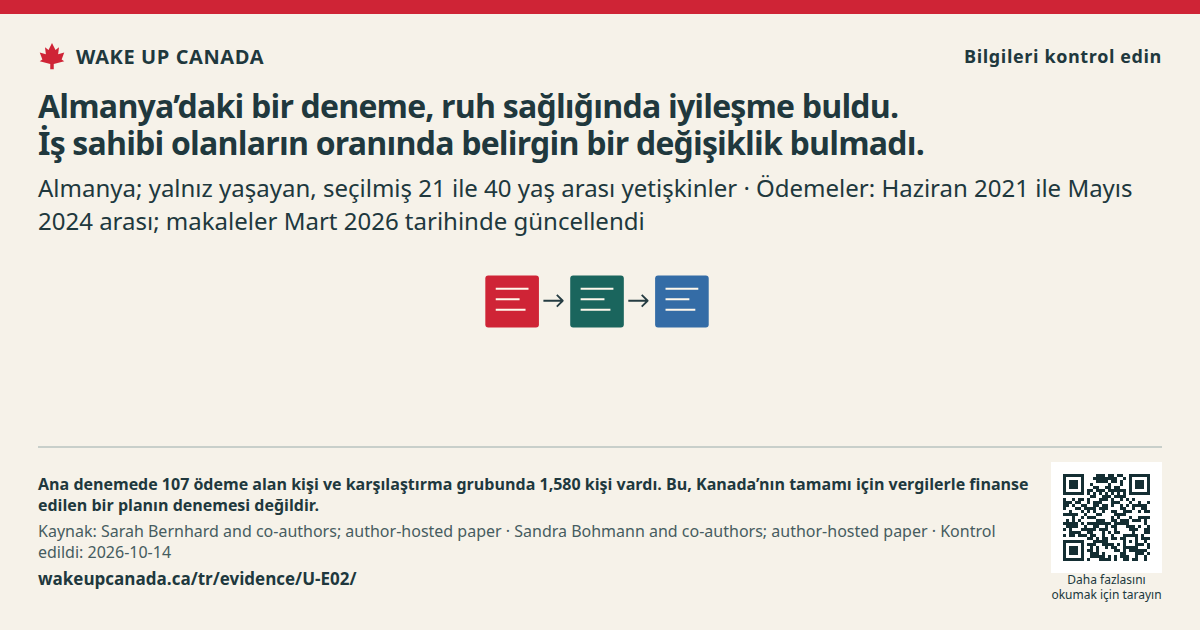 Almanya’daki bir deneme, ruh sağlığında iyileşme buldu. İş sahibi olanların oranında belirgin bir değişiklik bulmadı.