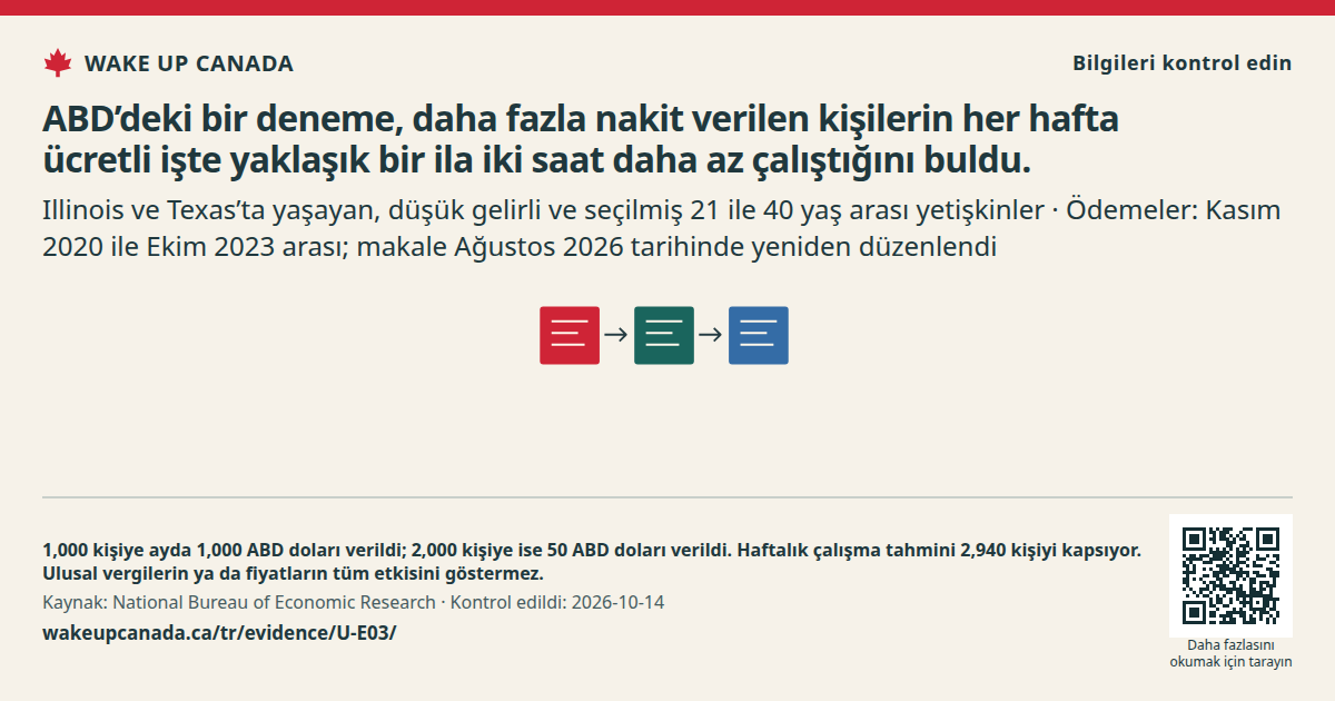 ABD’deki bir deneme, daha fazla nakit verilen kişilerin her hafta ücretli işte yaklaşık bir ila iki saat daha az çalıştığını buldu.