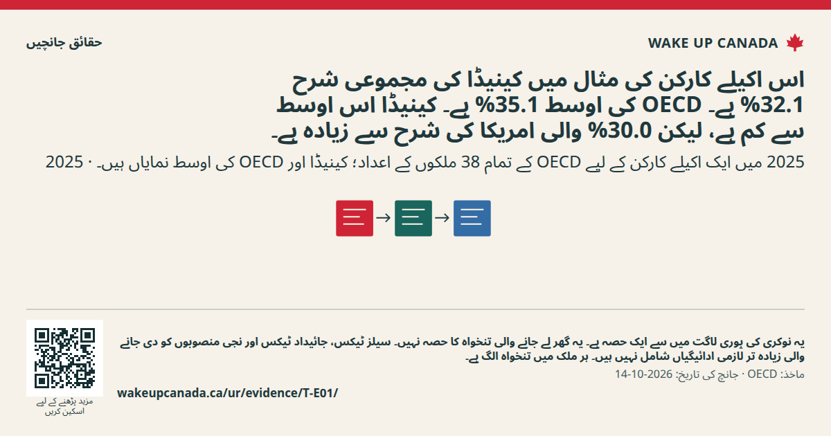 اس اکیلے کارکن کی مثال میں کینیڈا کی مجموعی شرح 32.1% ہے۔ OECD کی اوسط 35.1% ہے۔ کینیڈا اس اوسط سے کم ہے، لیکن 30.0% والی امریکا کی شرح سے زیادہ ہے۔