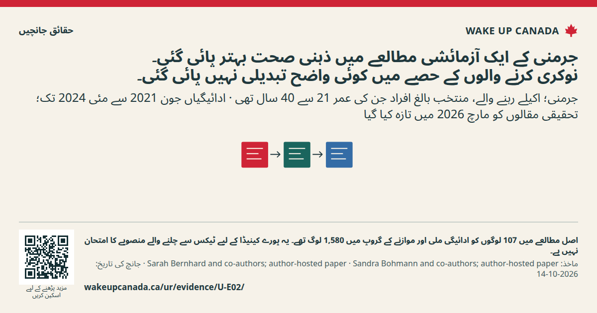 جرمنی کے ایک آزمائشی مطالعے میں ذہنی صحت بہتر پائی گئی۔ نوکری کرنے والوں کے حصے میں کوئی واضح تبدیلی نہیں پائی گئی۔