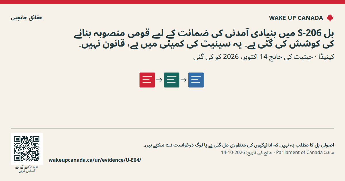 بل S-206 میں بنیادی آمدنی کی ضمانت کے لیے قومی منصوبہ بنانے کی کوشش کی گئی ہے۔ یہ سینیٹ کی کمیٹی میں ہے، قانون نہیں۔