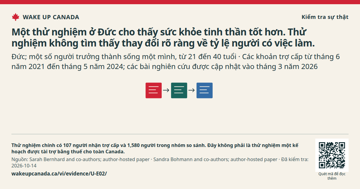 Một thử nghiệm ở Đức cho thấy sức khỏe tinh thần tốt hơn. Thử nghiệm không tìm thấy thay đổi rõ ràng về tỷ lệ người có việc làm.