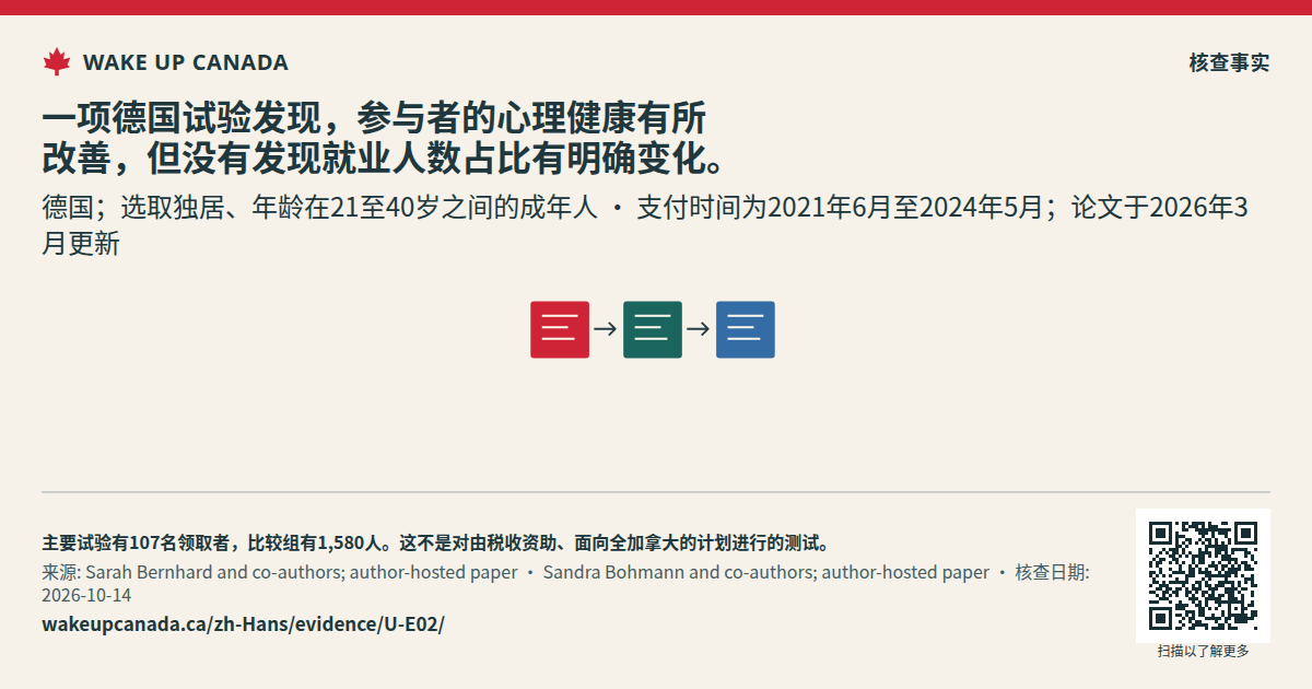 一项德国试验发现,参与者的心理健康有所改善,但没有发现就业人数占比有明确变化。